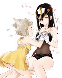 Rule 34 | 2girls, animal ears, ass, bad id, bad twitter id, blunt bangs, blush, breasts, cat ears, closed eyes, collarbone, dress, gloves, hat, long hair, madanai (morisumeshi), military, military hat, morag ladair (obligatory leave) (xenoblade), morag ladair (xenoblade), multiple girls, nia (fancy sundress) (xenoblade), nia (xenoblade), one-piece swimsuit, ribbon, short hair, silver hair, simple background, swimsuit, white gloves, xenoblade chronicles (series), xenoblade chronicles 2, yellow eyes, yellow ribbon