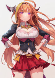 Rule 34 | 1girl, ahoge, black jacket, blonde hair, blunt bangs, blush, bow, braid, breasts, bright pupils, brooch, brown hairband, cleavage, cleavage cutout, clenched hands, closed mouth, clothing cutout, collared shirt, commentary request, cowboy shot, diagonal-striped bow, dragon girl, dragon horns, dragon tail, fang, grey background, hairband, hands on own hips, highres, hololive, horn bow, horn ornament, horns, jacket, jewelry, kiryu coco, kiryu coco (1st costume), kyou-chan, large breasts, looking at viewer, miniskirt, multicolored eyes, multicolored hair, orange hair, pleated skirt, pointy ears, purple eyes, red eyes, red skirt, shirt, side-tie skirt, side braid, sidelocks, simple background, single braid, skin fang, skirt, smile, solo, standing, streaked hair, striped, striped bow, tail, virtual youtuber, white pupils, white shirt