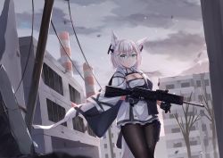 Rule 34 | 1girl, absurdres, animal ear fluff, animal ears, black pantyhose, breasts, cape, cleavage, commentary, english commentary, foregrip, fox ears, gloves, green eyes, gun, highres, holding, holding gun, holding weapon, looking at viewer, mirufuaa, original, outdoors, pantyhose, ruins, saiga-12, short hair, shotgun, silver hair, solo, weapon