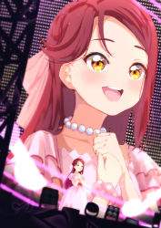 Rule 34 | 1girl, absurdres, artist name, artist request, blush, braid, breasts, brown eyes, clenched hand, collarbone, crown braid, dress, female focus, frilled sleeves, frills, hair between eyes, hair ribbon, highres, jewelry, long hair, looking at viewer, love live!, love live! school idol festival, love live! sunshine!!, miniskirt, musical note, necklace, on stage, parted lips, pearl necklace, pianoforte monologue, pianoforte monologue (love live!), pink dress, pink ribbon, pink scrunchie, pink skirt, plaid, plaid dress, plaid skirt, pleated, pleated dress, pleated skirt, polka dot, polka dot scrunchie, pure phrase, pure phrase (love live!), red hair, ribbon, sakurauchi riko, scrunchie, short sleeves, skirt, small breasts, smile, solo, stage, stage lights, teeth, wrist scrunchie, yellow eyes