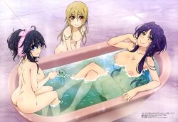 Rule 34 | 3girls, alternate hairstyle, ass, back, bare arms, bare back, bare shoulders, barefoot, bath, bathing, bathtub, black hair, blue eyes, breasts, breasts squeezed together, butt crack, embarrassed, from above, goshouin kyou, head rest, high ponytail, large breasts, long hair, looking at viewer, looking back, multiple girls, netoge no yome wa onna no ko janai to omotta?, nipples, orange eyes, ponytail, purple hair, same-sex bathing, segawa akane, shared bathing, shiny skin, sitting, small breasts, tamaki ako, wavy mouth, wet, wet hair