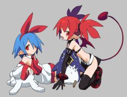 Rule 34 | boots, coupon (skyth), demon tail, demon wings, detached collar, detached sleeves, disgaea, earrings, elbow gloves, etna (disgaea), flat chest, gloves, grey background, jewelry, kneeling, lying, open mouth, pleinair, pointy ears, prinny, red eyes, red hair, simple background, skull earrings, strapless, tail, thigh boots, thighhighs, tube top, twintails, wings