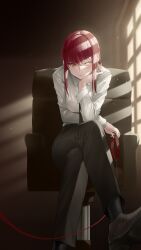 Rule 34 | 1girl, absurdres, black socks, blush, bralines, breasts, chainsaw man, chair, collar, crossed legs, femdom, formal, highres, leash, long hair, looking at viewer, makima (chainsaw man), medium breasts, necktie, red hair, sitting, smile, socks, solo, somebody (leiking00), suit, yellow eyes