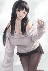 Rule 34 | 1girl, absurdres, all fours, bare shoulders, black hair, black skirt, blunt bangs, blunt ends, breasts, claw pose, cleavage, collarbone, cyclone tarou, grey background, hand up, head tilt, highres, large breasts, legs together, lips, long hair, long sleeves, looking at viewer, miniskirt, off shoulder, open mouth, original, pantyhose, pleated skirt, red eyes, skirt, sleeves past wrists, smile, solo, straight hair, sweater, teeth, upper teeth only, white sweater