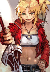 Rule 34 | 1girl, bandeau, belt, blonde hair, blue shorts, breasts, clarent (fate), collarbone, cutoffs, denim, denim shorts, fate/apocrypha, fate (series), green eyes, hair ornament, hair scrunchie, hand on own hip, hungry clicker, jacket, jewelry, long hair, long sleeves, looking at viewer, mordred (fate), mordred (fate/apocrypha), mordred (memories at trifas) (fate), navel, necklace, open clothes, open jacket, open mouth, parted bangs, pendant, ponytail, red jacket, scrunchie, short shorts, shorts, sidelocks, small breasts, smile, solo, strapless, sword, tube top, weapon