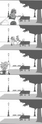 Rule 34 | 1boy, 3girls, asahinoniwa, asticassia school uniform, bench, comic, commentary, crossed arms, greyscale, guel jeturk, gundam, gundam suisei no majo, highres, lamppost, lauda neill, long hair, looking at another, looking back, low ponytail, medium hair, monochrome, multiple girls, outdoors, park bench, petra itta, scene reference, school uniform, short hair, silent comic, sitting, standing, suletta mercury, tree