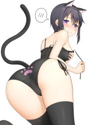 Rule 34 | 1girl, animal ears, apollo (hu maple), ass, back-print panties, bent over, black bra, black choker, black hair, black thighhighs, blush, bra, cat ears, cat lingerie, cat tail, choker, closed mouth, commentary, crotch seam, frilled bra, frills, from behind, frown, grabbing own breast, half-closed eyes, highres, leaning forward, looking at viewer, looking back, meme attire, original, panties, paw print, print panties, purple eyes, short hair, side-tie panties, simple background, solo, spoken blush, standing, tail, thigh gap, thighhighs, underwear, underwear only, untying, white background