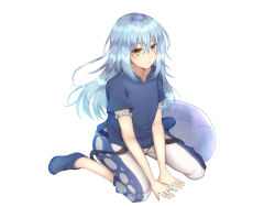 Rule 34 | 2others, androgynous, bangle, blue hair, blue shirt, bracelet, closed mouth, hair between eyes, highres, jewelry, long hair, looking at viewer, multiple others, oyu 428, rimuru tempest, shirt, simple background, sleeveless, slime (creature), smile, solo, tensei shitara slime datta ken, white background, yellow eyes