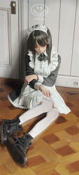 Rule 34 | 1girl, ankle boots, apron, black dress, black footwear, black hair, boots, closed eyes, closed mouth, cross-laced footwear, door, dress, frilled dress, frills, gishiki (gshk), indoors, lace-up boots, long hair, long sleeves, maid, maid apron, maid headdress, original, sample watermark, shoe soles, sitting, sleeping, solo, thighhighs, watermark, white thighhighs