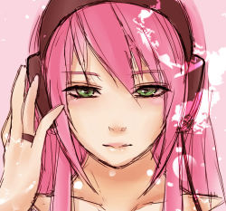 Rule 34 | 1girl, asymmetrical bangs, bad id, bad pixiv id, bare shoulders, closed mouth, collarbone, expressionless, female focus, green eyes, headphones, jewelry, kior, lips, long hair, looking at viewer, megurine luka, pink background, pink hair, portrait, ring, simple background, sketch, solo, vocaloid