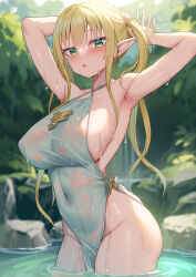Rule 34 | 1girl, alexmaster, armpits, arms behind head, arms up, bare shoulders, bathing, blonde hair, blush, breasts, collarbone, contrapposto, cowboy shot, dress, elf, green dress, green eyes, highres, large breasts, long hair, looking at viewer, open mouth, original, pelvic curtain, pointy ears, revision, see-through, short dress, sideboob, solo, thighs, twintails, wading, water, wet, wet clothes