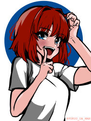Rule 34 | 1girl, absurdres, alternate hairstyle, aozaki aoko, blue eyes, blush, fukou, hand on own head, highres, melty blood, red eyes, shirt, short hair, signature, solo, tagme, tsukihime, white background, white shirt