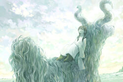 Rule 34 | 1girl, animal, boots, braid, cloud, commentary request, day, dress, goat, hair over shoulder, knees up, leaning back, long hair, looking up, monaka (siromona), original, outdoors, sitting, sitting on animal, sky, sleeves past wrists, smile, twin braids, twintails, very long sleeves, white dress
