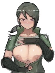 Rule 34 | 1girl, american alligator (kemono friends), asymmetrical hair, blush, braid, breasts, closed mouth, clothes lift, collarbone, eyes visible through hair, fingerless gloves, french braid, furrowed brow, gloves, green hair, hand on own chest, hand up, highres, jacket, kemono friends, large breasts, lifted by self, long hair, looking at viewer, nipples, no bra, nose blush, partially unzipped, ponytail, purple eyes, shibori kasu, short sleeves, sidelocks, sketch, slit pupils, solo, spikes, sweat, undressing, unzipping, upper body, zipper