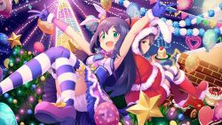 Rule 34 | 1girl, :d, ahoge, animal ears, aqua eyes, back-to-back, balloon, blue gloves, blush, boots, cake, chimney, christmas, christmas ornaments, christmas tree, double v, dress, dual persona, food, fork, fur trim, gloves, highres, hood, idolmaster, idolmaster million live!, idolmaster million live! theater days, karisuwaya, long hair, looking at viewer, mochizuki anna, open mouth, plate, purple hair, rabbit ears, santa costume, smile, solo, star (symbol), strawberry shortcake, striped clothes, striped thighhighs, thighhighs, v