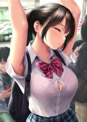 Rule 34 | 1girl, armpits, arms up, backpack, bag, black hair, blue skirt, bow, bowtie, bra, bra visible through clothes, breasts, brown hair, cleavage, closed eyes, collarbone, collared shirt, commentary request, dress shirt, drooling, kase daiki, large breasts, long hair, looking away, original, parted lips, pink bra, plaid, plaid bra, plaid skirt, ponytail, red bow, red neckwear, saliva, see-through, shirt, short sleeves, sidelocks, skirt, sleeping, standing, striped bow, striped bowtie, striped clothes, striped neckwear, underwear, upper body, white shirt, zzz