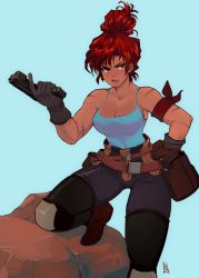 Rule 34 | 1girl, belt, blue background, blue tank top, breasts, cleavage, david liu, feet out of frame, gun, hair bun, hand on own hip, handgun, highres, holding, holding weapon, maria (space maria), medium breasts, medium hair, open mouth, pants, red eyes, red hair, rock, scar, scar on arm, shoes, signature, simple background, solo, space maria, tank top, weapon