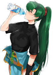 Rule 34 | 1girl, absurdres, arm at side, arm up, belt, black shirt, blush, bottle, breasts, closed eyes, cowboy shot, drinking, fire emblem, fire emblem: the blazing blade, from side, green hair, high ponytail, highres, large breasts, loincloth, long hair, lyn (fire emblem), nintendo, ormille, ponytail, profile, shirt, short sleeves, simple background, solo, straight hair, sweat, tassel, twitter username, very long hair, water, water bottle, wet, wet clothes, wet shirt, white background