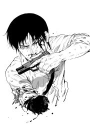 1boy ajin_(sakurai_gamon) biting bleeding blood bloody_tears cocking_gun gun handgun highres holding holding_gun holding_weapon missing_limb monochrome mutilation nagai_kei nosebleed pain severed_limb solo sukesukeburger weapon