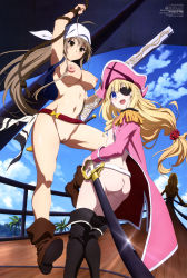 Rule 34 | 10s, 2girls, absurdres, amagi brilliant park, ankle boots, ass, bandana, black footwear, blush, boots, breasts, brown footwear, cleavage, cloud, epaulettes, eyepatch, gun, hat, highres, large breasts, latifa fleuranza, multiple girls, nakahara kouhei, nipples, nude, nude filter, open clothes, open mouth, palm tree, pirate hat, puffy nipples, pussy, rifle, rope, sento isuzu, ship, sky, small breasts, smile, sword, thigh boots, thighhighs, third-party edit, tree, uncensored, watercraft, weapon