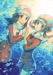 Rule 34 | 2girls, bad id, bad pixiv id, black hair, blue eyes, blue shorts, bow, brown eyes, bubble, closed mouth, coat, coat dress, cowboy shot, creatures (company), dawn (pokemon), game freak, hair ornament, hairclip, hat, hat bow, long hair, long sleeves, looking at viewer, lyra (pokemon), multiple girls, nintendo, ooki1089, poke ball print, pokemon, pokemon dppt, pokemon hgss, pokemon platinum, print headwear, red bow, red coat, red shirt, scarf, shirt, short shorts, shorts, smile, suspender shorts, suspenders, twintails, twitter username, underwear, white headwear, white scarf, winter clothes, winter coat
