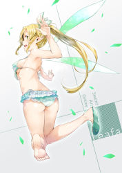 Rule 34 | 10s, 1girl, ass, barefoot, bikini, blonde hair, blush, braid, breasts, character name, copyright name, feet, frilled swimsuit, frills, green eyes, leafa, long hair, looking back, open mouth, pointy ears, ponytail, sandals, shiny skin, shoes, side braid, single shoe, soles, solo, swimsuit, sword art online, toes, twin braids, underboob, very long hair, wings, yuugen