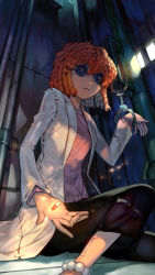 Rule 34 | 1girl, absurdres, black pants, button eyes, buttons, crossover, cuffed, cuffs, dreadlocks, haibara ai, handcuffs, highres, hungry clicker, identity v, lab coat, long sleeves, looking at viewer, meitantei conan, orange hair, pants, parted lips, pill, pink shirt, shirt, sitting, solo