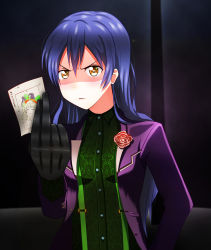 Rule 34 | 1girl, :c, artist name, artist request, black gloves, card, collared shirt, cosplay, female focus, flower, gloves, green shirt, hair between eyes, highres, holding, holding card, jacket, long hair, looking at viewer, love live!, love live! school idol project, night, night sky, purple jacket, red flower, rojokyd, shirt, sky, solo, sonoda umi, yellow eyes