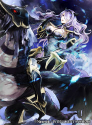 Rule 34 | 1girl, armor, book, boots, breasts, camilla (fire emblem), cleavage, company name, copyright name, dragon, fire emblem, fire emblem cipher, fire emblem fates, gauntlets, gloves, hair over one eye, high heels, large breasts, lips, long hair, marzia (fire emblem if), nintendo, official art, open mouth, purple eyes, purple hair, red eyes, solo, thigh boots, thighhighs, wadadot lv, wavy hair, wyvern