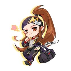 Rule 34 | 1girl, alternate costume, bag, black bag, black footwear, black headband, black jacket, black pants, brigitte (overwatch), brown hair, casual, chibi, clenched hand, closed mouth, contemporary, duffel bag, full body, hand in pocket, hand up, headband, high ponytail, jacket, long hair, open clothes, open jacket, outline, overwatch, overwatch 2, pants, road 233, shirt, shoes, sidelocks, signature, simple background, smile, sneakers, solo, star (symbol), straight hair, track pants, very long hair, white background, white shirt, yellow outline