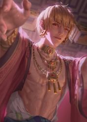 Rule 34 | 1boy, abs, arabian clothes, baiyelingbyl, blonde hair, bracelet, chinese commentary, collarbone, earrings, fate/extella, fate/extra, fate (series), gilgamesh (fate), jewelry, light particles, long sleeves, looking at viewer, male focus, necklace, nipples, official alternate costume, open clothes, red eyes, short hair, smile, sweat, toned, toned male, upper body, wide sleeves