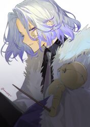 Rule 34 | 1boy, abel walker, black shirt, coat, collared shirt, fur-trimmed coat, fur trim, grey hair, grey necktie, highres, looking at another, mashle, mm39572, multicolored hair, necktie, parted lips, puppet, purple eyes, shirt, short hair, solo, two-tone hair, wand, white background