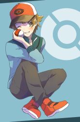 Rule 34 | 1boy, baseball cap, black pants, blue background, blue jacket, blue sleeves, brown eyes, brown hair, collared jacket, commentary request, creatures (company), crossed legs, full body, game freak, grin, hat, high collar, highres, hilbert (pokemon), holding, holding poke ball, jacket, light blush, long sleeves, looking at viewer, male focus, nintendo, one eye closed, pants, poke ball, poke ball (basic), poke ball print, pokemon, pokemon bw, red footwear, red hat, shoes, short hair, simple background, sitting, smile, sneakers, solo, witoi (roa)