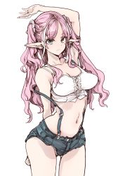 Rule 34 | 1girl, bare shoulders, blue eyes, collarbone, endou okito, gluteal fold, highres, long hair, navel, no bra, original, parted lips, pink hair, pointy ears, simple background, solo, standing, suspenders, thigh gap, twintails, wavy hair, white background, wide hips