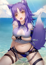 Rule 34 | 1girl, animal ear fluff, animal ears, arm under breasts, beach, belt, bikini, blue sky, blush, bracelet, breasts, brown eyes, chain, criss-cross halter, day, halterneck, jewelry, kyoeiki, large breasts, looking at viewer, makoto (princess connect!), medium hair, navel, open mouth, princess connect!, purple bikini, purple hair, see-through, seiza, shirt, shore, short sleeves, sidelocks, sitting, sky, swimsuit, tail, thighs, tied shirt, wet, white shirt, wolf ears, wolf girl, wolf tail