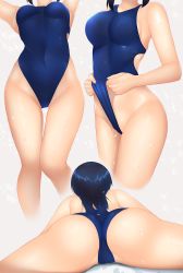 Rule 34 | 1girl, ass, blue one-piece swimsuit, breasts, clothes lift, covered navel, dripping, groin, head out of frame, highleg, highleg swimsuit, highres, lifting own clothes, lying, minato ojitan, multiple views, on stomach, one-piece swimsuit, original, spread legs, swimsuit, swimsuit lift, wet