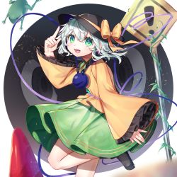 Rule 34 | 1girl, :d, commentary request, frog, green eyes, grey hair, gunjou row, hat, komeiji koishi, long sleeves, looking at viewer, open mouth, road sign, sign, smile, solo, standing, standing on one leg, third eye, touhou