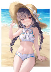 Rule 34 | 1girl, absurdres, bare arms, bare legs, bare shoulders, beach, bikini, black hair, blue archive, blush, braid, breasts, closed mouth, collarbone, grey halo, halo, hat, highres, leaf print, long hair, looking at viewer, miyu (blue archive), miyu (swimsuit) (blue archive), ocean, official alternate costume, print bikini, red eyes, small breasts, solo, straw hat, swimsuit, twin braids, white bikini, zi yue liuli
