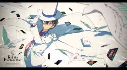 Rule 34 | 1boy, bad id, bad pixiv id, bird, black hair, blue eyes, blurry, cape, card, clover, cowboy shot, depth of field, dove, english text, formal, four-leaf clover, gloves, hand in pocket, hand on headwear, hat, highres, kaitou kid, letterboxed, long sleeves, looking at viewer, magic kaito, male focus, meitantei conan, monocle, necktie, one eye covered, playing card, red necktie, smile, solo, suit, tachibana amane (amane01a), top hat, white background, white cape, white gloves, white hat, white suit, wing collar