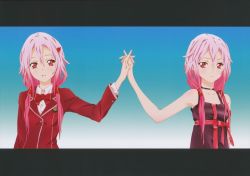 Rule 34 | 10s, 2girls, absurdres, bare shoulders, blush, collarbone, dual persona, frown, guilty crown, hair ornament, hairclip, hands up, highres, holding, interlocked fingers, jewelry, letterboxed, light smile, long hair, looking at viewer, multiple girls, necklace, official art, pink hair, red eyes, sample watermark, simple background, twintails, upper body, watermark, yuzuriha inori