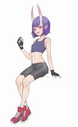Rule 34 | 1girl, arm support, bare shoulders, bike shorts, black gloves, black shorts, blue bra, bob cut, bra, collarbone, commentary, contemporary, english commentary, fate/grand order, fate (series), fingerless gloves, from side, gloves, highres, horns, kiritzugu, looking at viewer, navel, oni, open mouth, pointy ears, purple eyes, purple hair, red footwear, shoes, short hair, shorts, shuten douji (fate), simple background, sitting, skin-covered horns, sneakers, socks, solo, sports bra, stomach, underwear, white background, white socks