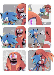 Rule 34 | 2boys, artist name, bandaged arm, bandages, blue fur, blush, book, crossed legs, furry, furry male, gareki sh, green eyes, highres, knuckles the echidna, long hair, male focus, multiple boys, muscular, muscular male, open mouth, purple eyes, reading, red fur, scarf, shoes, signature, sitting, smirk, sonic (series), sonic boom (series), sonic the hedgehog, spiked hair, teeth, tongue, wood