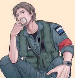 Rule 34 | 1boy, ace combat, ace combat 7: skies unknown, armband, blonde hair, blue eyes, collarbone, commentary, count (ace combat 7), facial hair, finger in own mouth, grin, looking at viewer, male focus, md5 mismatch, osean flag, patch, pilot, pilot suit, resolution mismatch, sitting, smile, solo, source larger, takato15 c, watch, wavy hair, zipper