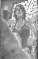 Rule 34 | angry, blood, breasts, chair, cleavage, cuffs, cuts, highres, hiroaki samura, injury, monochrome, pencil, realistic, shackles, window