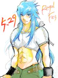 Rule 34 | 00s, 1boy, blue eyes, blue hair, cuffs, long hair, male focus, matching hair/eyes, muscular, oekaki, regal bryan, shackles, simple background, solo, tales of (series), tales of symphonia, white background