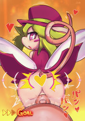 Rule 34 | 1girl, animal ears, blush stickers, from behind, gameplay mechanics, green hair, hat, heart, hetero, highres, leotard, mad rat dead, mob rat (mad rat dead), mouse ears, mouse tail, nippon ichi, mouse, mouse girl, rat god, red eyes, sex, sukiya (sukiya84432252), tail, top hat, vaginal, wings
