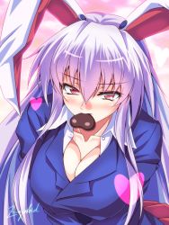 Rule 34 | 1girl, animal ears, artist name, blazer, blush, breasts, breasts squeezed together, cleavage, collarbone, collared shirt, dress shirt, eyebrows, hair between eyes, heart, highres, jacket, large breasts, long hair, long sleeves, looking at viewer, mouth hold, pink background, pleated skirt, purple hair, rabbit ears, rabbit girl, rabbit tail, red eyes, red skirt, reisen udongein inaba, shirt, signature, skirt, slit pupils, solo, tail, touhou, upper body, valentine, white shirt, zephid