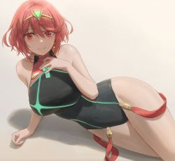 Rule 34 | 1girl, black one-piece swimsuit, blush, breasts, commentary request, competition swimsuit, covered navel, earrings, free style (yohan1754), highleg, highleg swimsuit, highres, jewelry, large breasts, looking at viewer, lying, on side, one-piece swimsuit, pyra (pro swimmer) (xenoblade), pyra (xenoblade), red eyes, red hair, red one-piece swimsuit, shadow, short hair, sidelocks, simple background, swept bangs, swimsuit, tiara, two-tone swimsuit, xenoblade chronicles (series), xenoblade chronicles 2