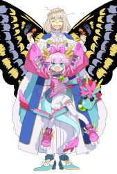 Rule 34 | 1boy, 1girl, blue cloak, blue eyes, blue footwear, bug, butterfly, butterfly wings, cloak, closed eyes, collar, crown, diamond hairband, dragon girl, dragon horns, dragon tail, elizabeth bathory (fate), fate/grand order, fate (series), frilled collar, frilled sleeves, frills, fur-trimmed cloak, fur trim, gold trim, highres, horns, insect, insect wings, juliet sleeves, kumonryuu eliza (fate), long sleeves, medium hair, multicolored wings, oberon (fate), pink hair, pirohi (pirohi214), puffy sleeves, tail, tassel, white hair, wings