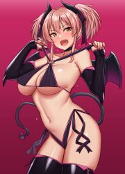 Rule 34 | 1girl, :d, bikini, black bikini, black choker, black horns, black sleeves, black thighhighs, blush, breasts, choker, collarbone, commentary request, demon horns, demon tail, demon wings, detached sleeves, fake horns, fake tail, fake wings, fang, gradient background, highres, horns, idolmaster, idolmaster cinderella girls, jougasaki mika, large breasts, open mouth, pink hair, red background, short hair, smile, solo, standing, sweat, swimsuit, tail, thighhighs, tomajiyama, twintails, wings, yellow eyes